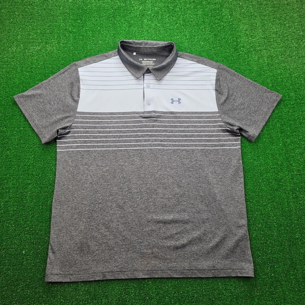 Under Armour The Playoff Polo Shirt Mens 2XL Gray Block Striped Golf Performance